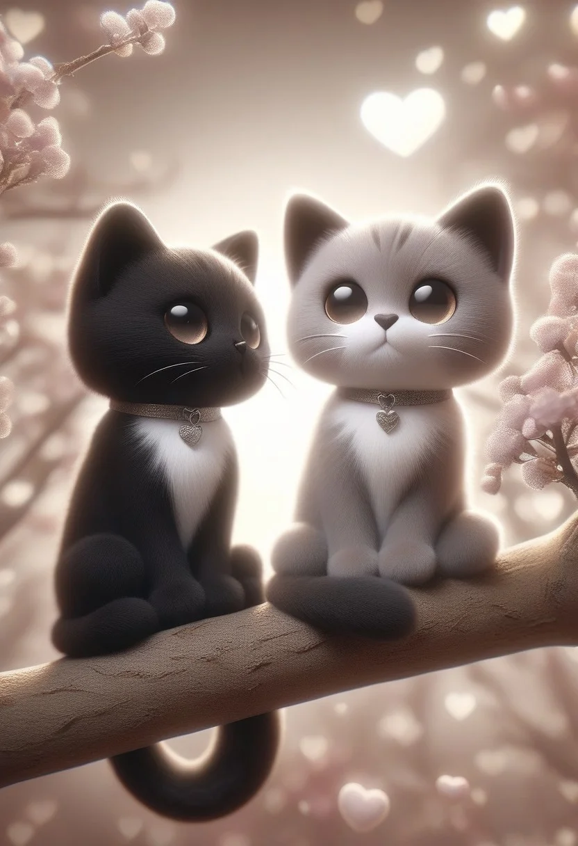 ral-smlvltnpls, A monochromatic, black-and-white photograph of two cats sitting on a tree branch, facing each other in an intimate and harmonious pose. The left cat is black, while the right cat is white, creating a striking contrast. They are surrounded by delicate, blooming branches with small flowers, adding a serene and romantic atmosphere. The background is softly blurred, focusing the viewer's attention on the cats and their interaction. The lighting is soft, emphasizing the texture of their fur and the gentle ambiance of the scene.