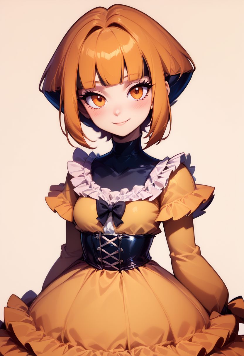 score_9, score_8_up, score_8, medium breasts, (curvy), cute, eyelashes,     
BREAK,
zzGardenia, orange eyes,
BREAK,
 closed mouth, alternate costume, smile, looking at viewer, blush, 
zzLFashion, frilled dress, frills, bow, dress, 
zPDXL,