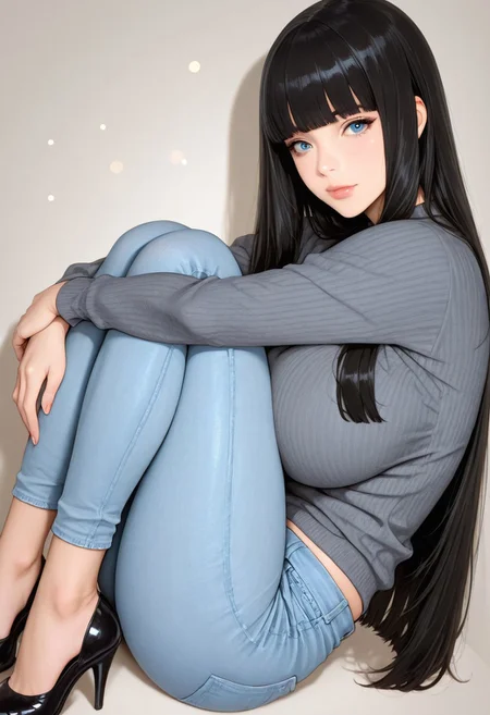 (masterpiece:1.3), (best quality:1.3), (ultra-detailed:1.3), very aesthetic, absurdres, newest, 8K, depth of field, focused subject, high resolution, ultra sharp, depth of field, volumetric lighting,
BREAK,
source_anime, 1 girl, (long hair: 1.4), hime cut, black hair, fair skin, blue eyes, focus on face, sweater, jeans, sitting, hugging legs, knees raised, sideways, looking at viewer, plain background, cute, huge breasts, high heels, bokeh, spotlight, studio_lighting, professional photography,