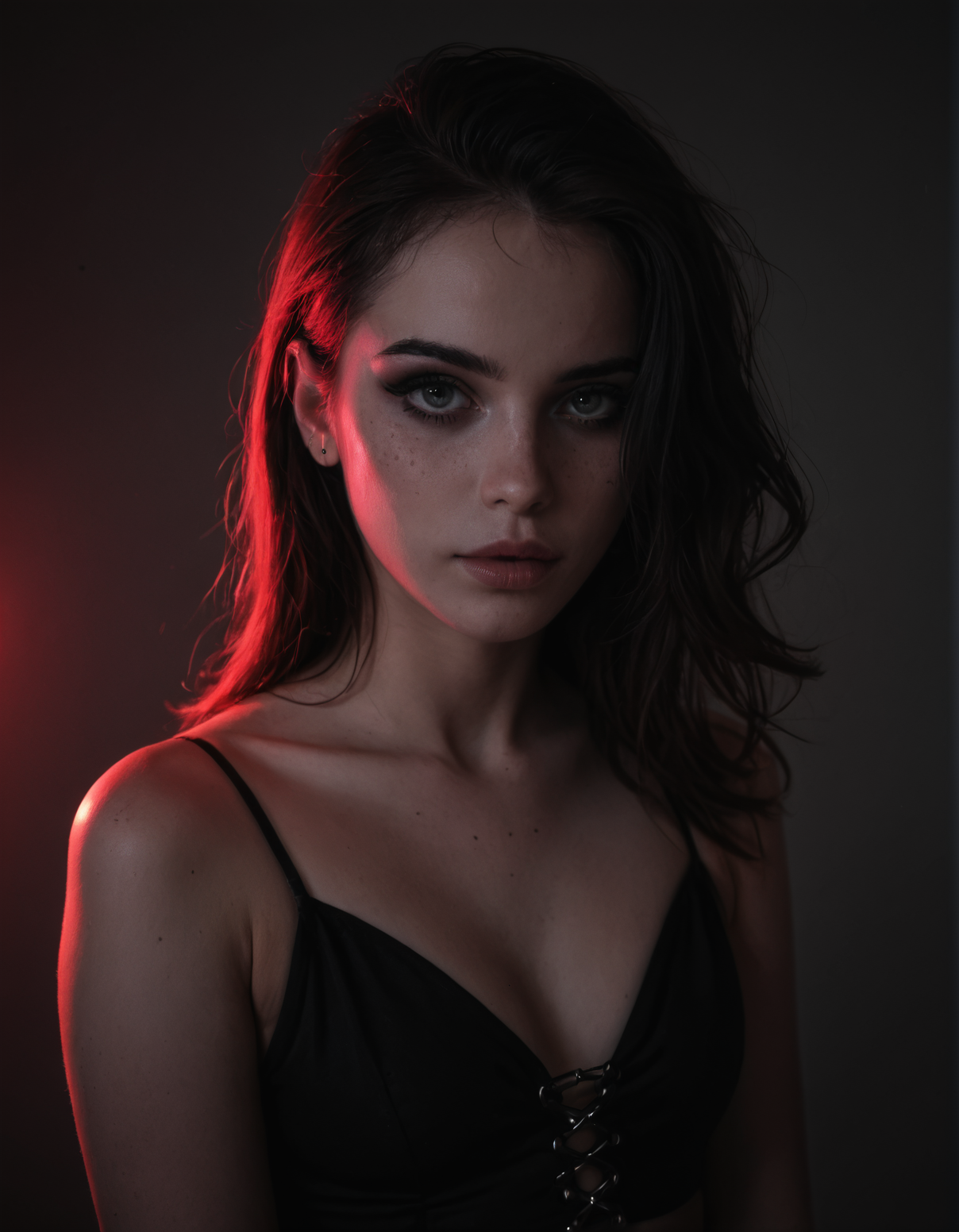 score_9, score_8_up, score_7_up,  1girl, goth, pale skin, (freckles:0.6), (dramatic lighting:0.8), neon lighting, rembrandt lighting, noir, pinup, portrait