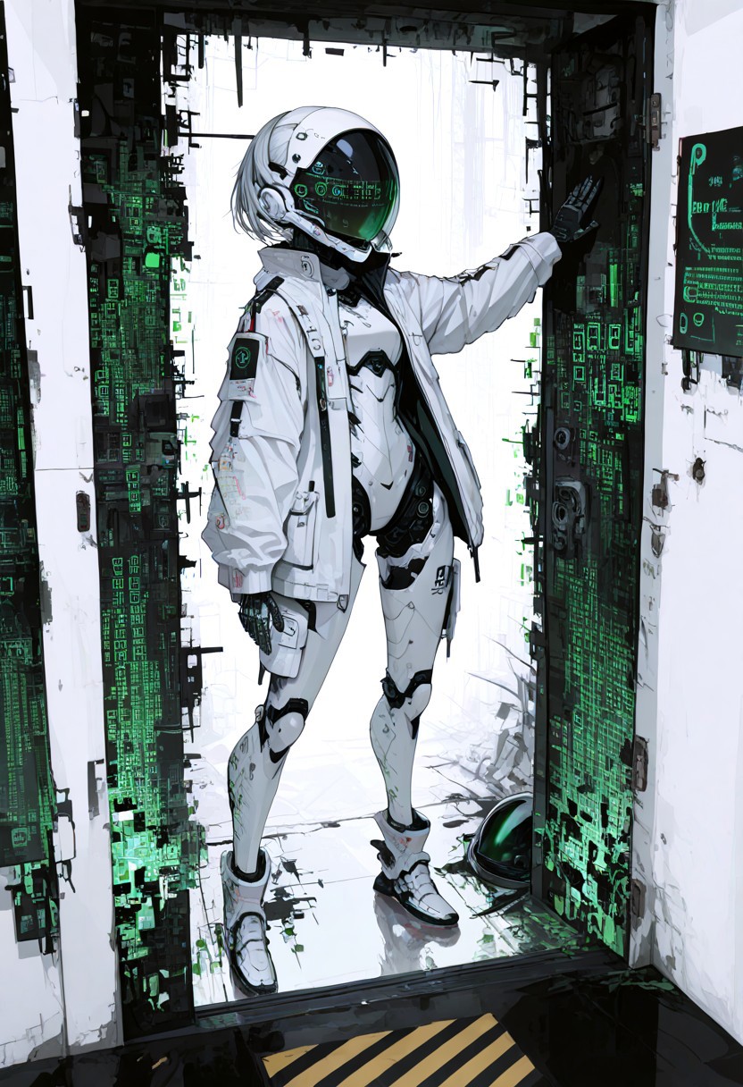 masterpiece, newest,absurdres, incredibly absurdres,4ki4k4ne_illu,1girl, cyborg, white, robot joints, , reflection, visor, abstract,white jaquard fabric, jacket, techwear, no lineart, detailed helmet,mcnm, visor,dynamic pose, full body, in doorway, BREAK,
white wall, stucco, binary, digital dissolve ,XUER guangying