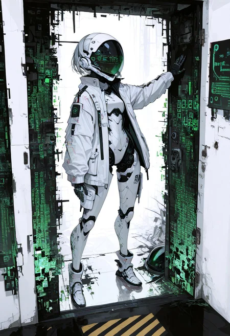 masterpiece, newest,absurdres, incredibly absurdres,4ki4k4ne_illu,1girl, cyborg, white, robot joints, , reflection, visor, abstract,white jaquard fabric, jacket, techwear, no lineart, detailed helmet,mcnm, visor,dynamic pose, full body, in doorway, BREAK,
white wall, stucco, binary, digital dissolve ,XUER guangying