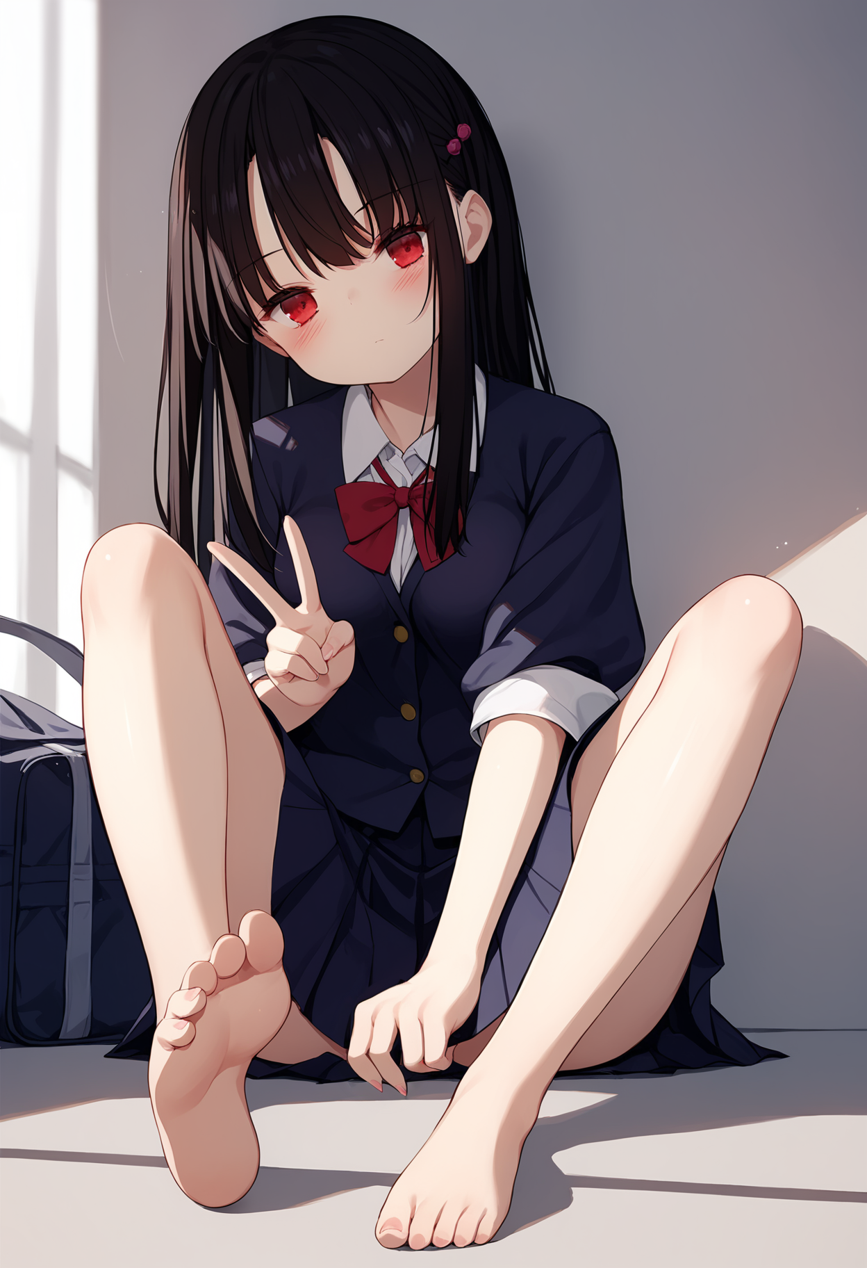 score_9, score_8_up, score_7_up,source_anime,rating_explicit,uncensored,anatomically correct,best perspective BREAK
1girl, solo, <lora:ã³ã­ã¤(binetsu)style:0.8> binetsustyle,black hair, long hair, red eyes, blush, sitting,  expressionless,school uniform, barefoot, double_v,