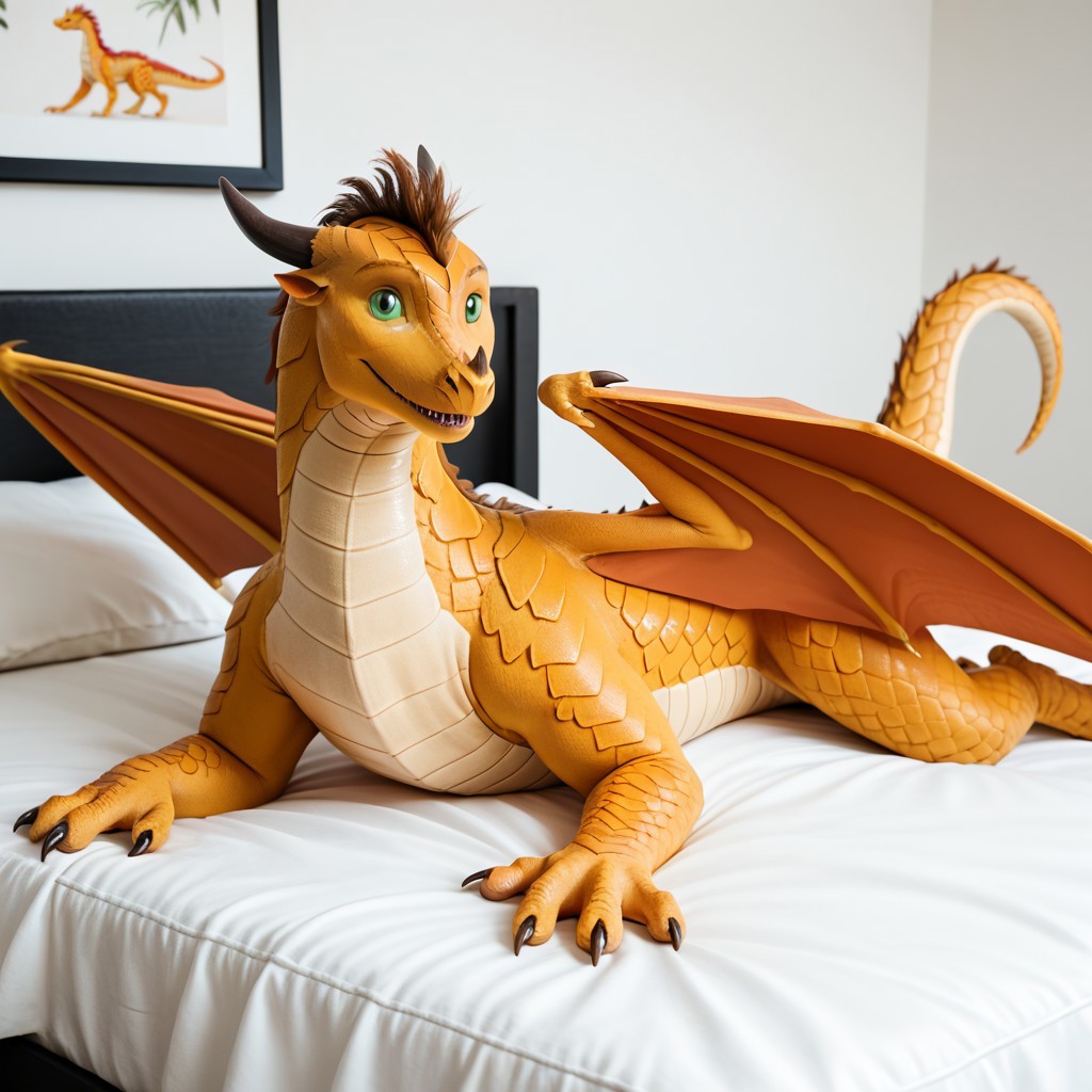 score_9, score_8_up, score_7_up, score_6_up, score_5_up, score_4_up, masterpiece, high quality, realistic, detailed, best quality, white bed, solo, rating_safe, source_furry, bedroom, smiling, happy, ((looking at viewer)), lying on belly, feral, Sandwing, yellow scales, dragon, scales, horns, claws, wings, tail, Sunny_wof, sandwing_wof, dragon, brown horns, claws, tail, golden scales, pale yellow underbelly, brown back mane, small nose spike, orange wings, green sclera, black slit pupils, 1girl, female
