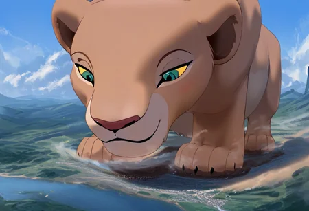 Safe_pos, score_9, score_8_up, score_7_up, detailed face, best quality, 1girl, solo, masterpiece, detailed background, beautiful, detailed eyes, mature female, giantess, macro
side view, lien,
1girl, furry female, solo,nala, lion, two tone fur, tan fur, female, yellow sclera, teal eyes, claws, clawed paws, fangs, ((full body view)), face focus,
standing, seductive pose, light smile, narrowed eyes, expansion,
long river, skyline, cityscape, destroyed cityscape, earthquake, steam, fog, craters