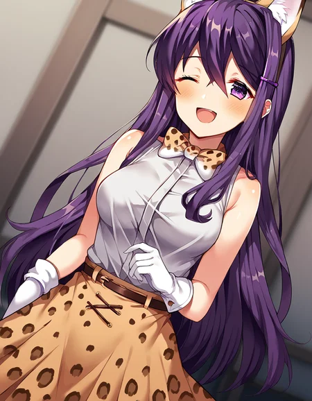 score_9, score_8_up, score_7_up, source_anime, <lora:ddlc-yuri-ingame-ponyxl-lora-nochekaiser:1>, yuri, yuri (doki doki literature club), hair ornament, hairclip, long hair, purple eyes, purple hair, hair intakes, hair between eyes, sidelocks, medium breasts,, <lora:serval-cosplay-ponyxl-lora-nochekaiser:1>, serval cosplay, serval (kemono friends) (cosplay), serval print, print bowtie, print bow, two-tone bowtie, orange bowtie, two-tone bow, print skirt, white bowtie, orange bow, animal ears, belt, cat ears, fake animal ears, gloves, leopard print, yellow skirt, white shirt, sleeveless, sleeveless shirt,, savannah, open mouth, blush, smile, one eye closed,, cowboy shot, looking at viewer,, , dutch angle, cowboy shot