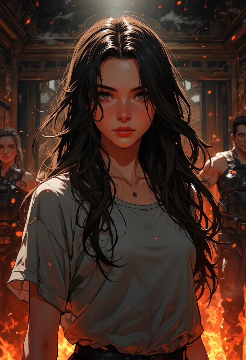 Anime, niji, A woman with long hair is shown in a room with fire and smoke. She is wearing a gray shirt. There are other people in the background, masterpiece, best quality.