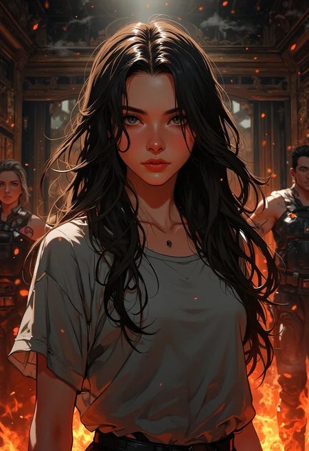 Anime, niji, A woman with long hair is shown in a room with fire and smoke. She is wearing a gray shirt. There are other people in the background, masterpiece, best quality.