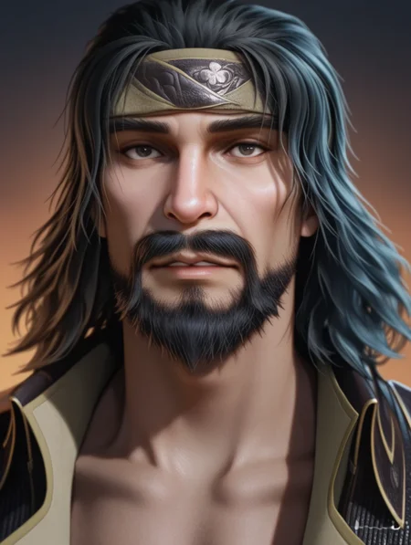 tanghao, facial hair, headband, black hair, realistic, mustache, masterpiece, best quality, amazing quality, newest
