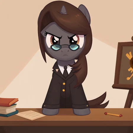 masterpiece, perfect detail, best high quality, source_pony, show accurate, cute, 1girl, solo, female, oc:sonata, glasses, attorney suit, badge on collar, pony, courtroom, defense stand, standing, standing behind desk, front hooves on desk, standing against desk, frown, scenic painting in background, closed mouth, determined look, beautiful, looking offscreen, score_9, score_8_up, score_7_up, score_6_up, score_5_up, score_4_up
