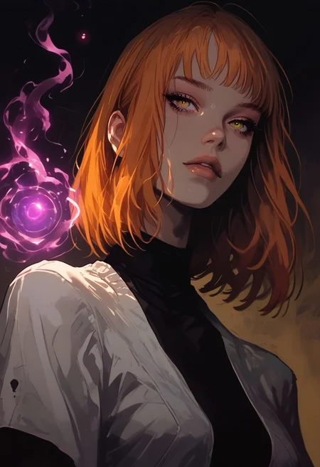 Stylized digital portrait, woman, fair skin, straigth ginger hair, hair fringe covering her forehead, white shirt that is fancy and sexy, confident expression, slightly parted lips, relaxed posture, solid vibrant yellow background, bold, striking, cowboy shot, upper body, easynegative, sinozick style, flat color, dark theme, g4n1m3, magic, arkane_dark