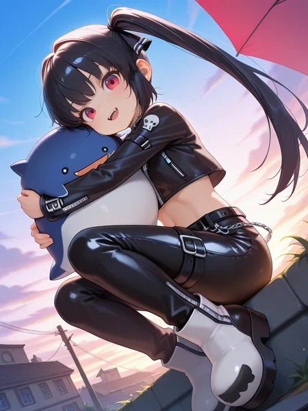 dutch angle,foreshortening,<lora:IL_kooh:0.8>,1girl,solo,pgy_ko,kooh/(pangya/),cropped jacket,midriff,skull boots,looking at viewer,outdoors,zipper,belt,chain,skull ornament,leather pants,dolfini/(pangya/),umbrella,hug,open smile,sit,, masterpiece,best quality,amazing quality,very aesthetic,absurdres,