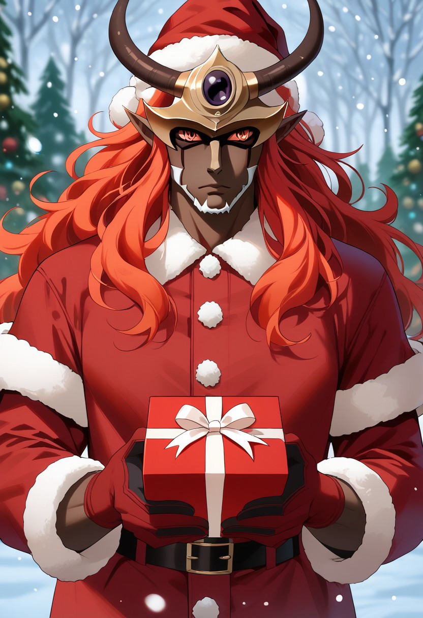 score_9, score_8_up, score_7_up, source_anime, rating_safe, snowing, holding gift, IfritTGRS, gold-dark purple_Ifrit_forehead protector, red_Ifrit_fiery hair, red-yellow_Ifrit_glowing eyes, brown_Ifrit_horns, 1boy, male focus, red fur-trimmed hat, Santa clause costume, white beard, Christmas outfit, mittens, hands with five fingers, blurry outdoors, cute wallpaper,