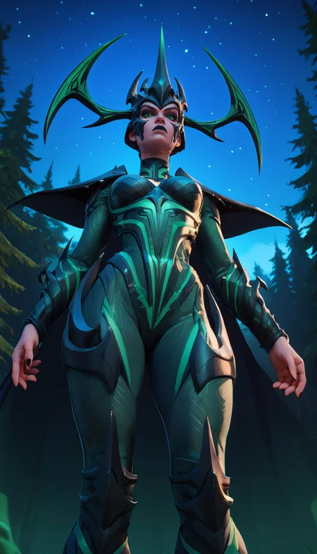 zPDXL3, <lora:helaMR:.7>,<lora:LunarCAT_Style:.8>
helamr, woman, green eyes, makeup, black lipstick, horned helmet, green bodysuit,armor,spiked,shoulder pads,black cape, looking at viewer, serious, standing, from below, outside, forest, night time, starry sky,