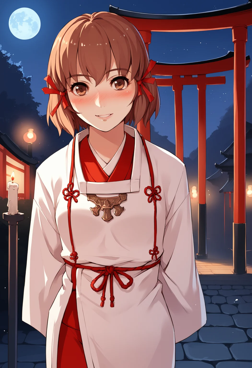 score_8_up, score_7_up, source_anime BREAK 1girl, solo, <lora:minahakuba-sh-richy-v1_pdxl:1> minahakuba, brown eyes, brown hair, short hair, hair ribbon, red ribbon, japanese clothes, miko, smile, blush, looking at viewer, torii, candle, dark, darkness, night, night sky, arms behind back,