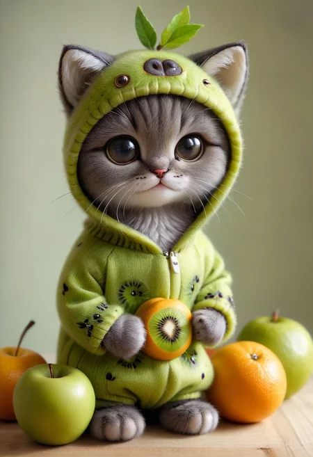 An award winning photo , a cute little baby cat,sitting around in a kiwi costume, (fruit) , (((cuteness overload))) <lora:add-detail-xl:1>, <lora:WowifierXL-V2:1>, zhibi