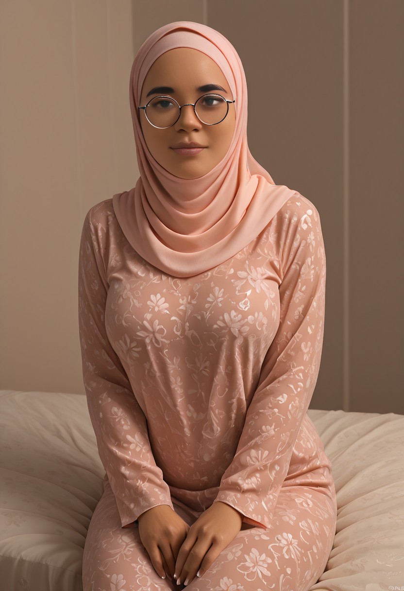 <lora:Mala2:1> 1girl, coll-malas, solo,hijab, round glasses, sitting on a comfy bed