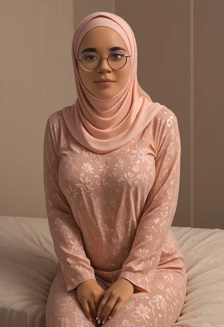 <lora:Mala2:1> 1girl, coll-malas, solo,hijab, round glasses, sitting on a comfy bed