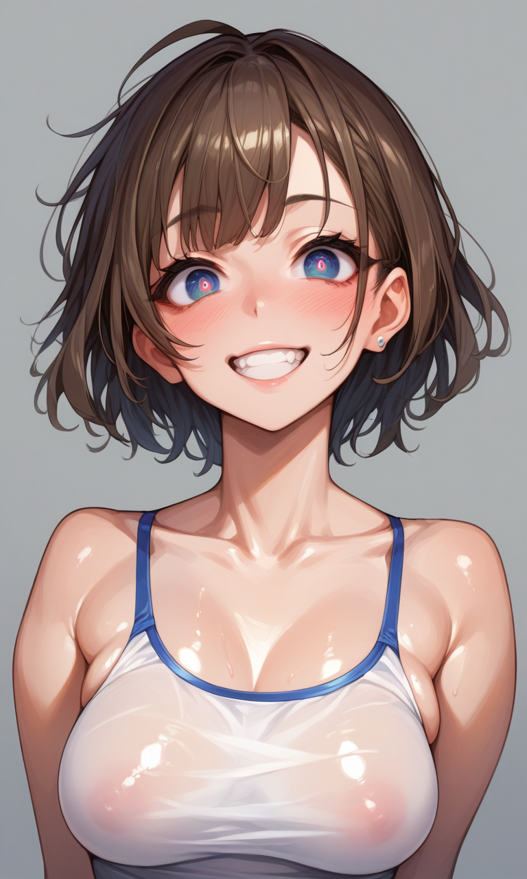 source_anime, ((score_9)),score_8_up,score_7_up,score_6_up,score_5_up,score_4_up,<lora:GT_Style_XL:0.7>, BREAK, 1woman, blush, grin, defined collarbone, oily skin, smooth skin, shiny skin, skintight clothing, body outline, detailed eyes, bright eyes, body silhouette, GodlyTwine Artstyle,