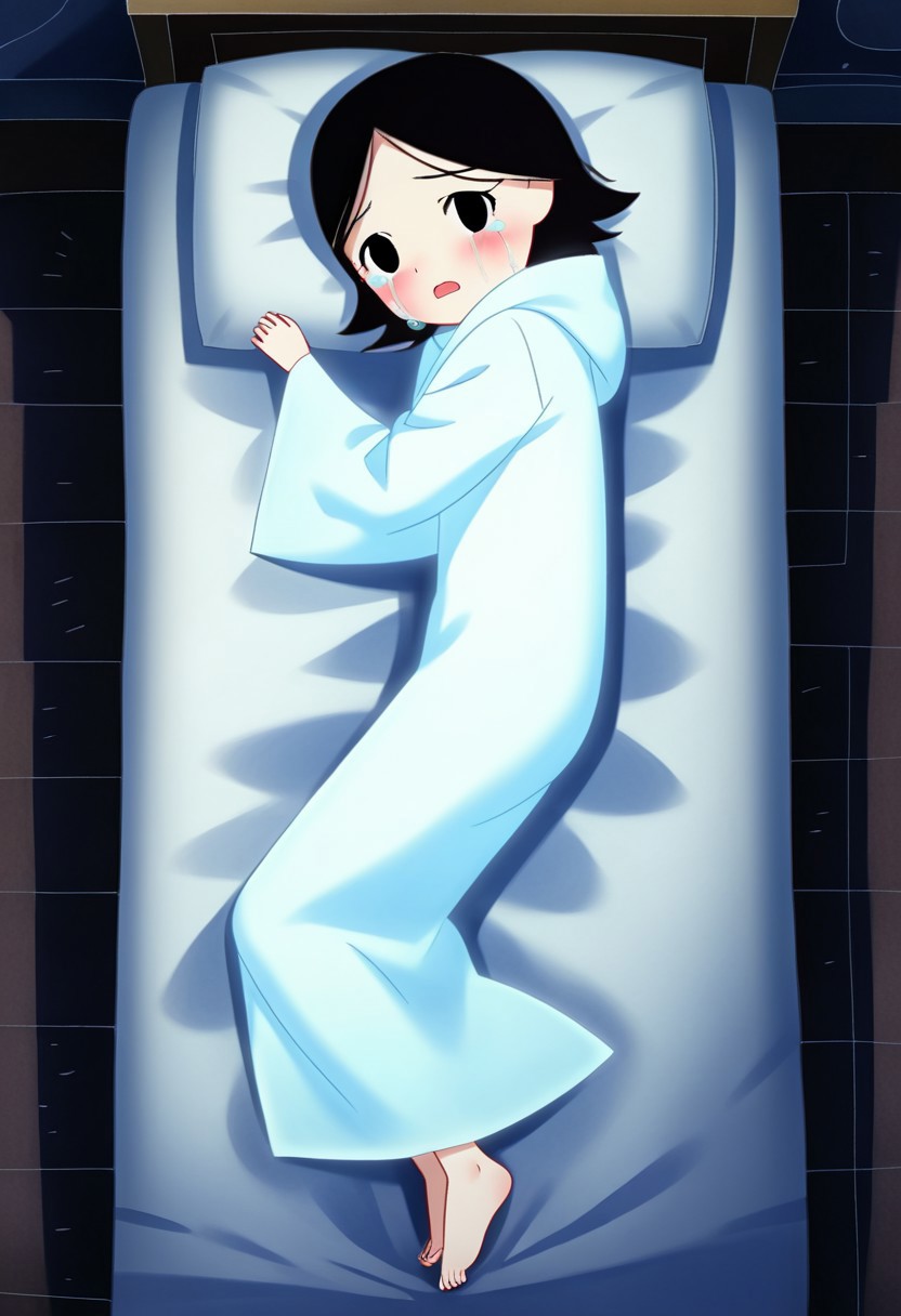zPDXL3, source_cartoon, Perfect Hands, full body,
1girl, solo, aged down, bedroom, looking at viewer, saoirse, black hair, black eyes, blush, ghost, hood up, robe, barefoot, glowing, lying on bed, from above, lying on side, facing at viewer, feeling cold, eyes open, crying sadly, fear, open mouth, sleeve past wrist, slim body, long body, highlight cloth wrinkle, anime style,
<lora:Perfect Hands:1>  <lora:Saoirse_-_The_Song_of_the_Sea-000009:1>