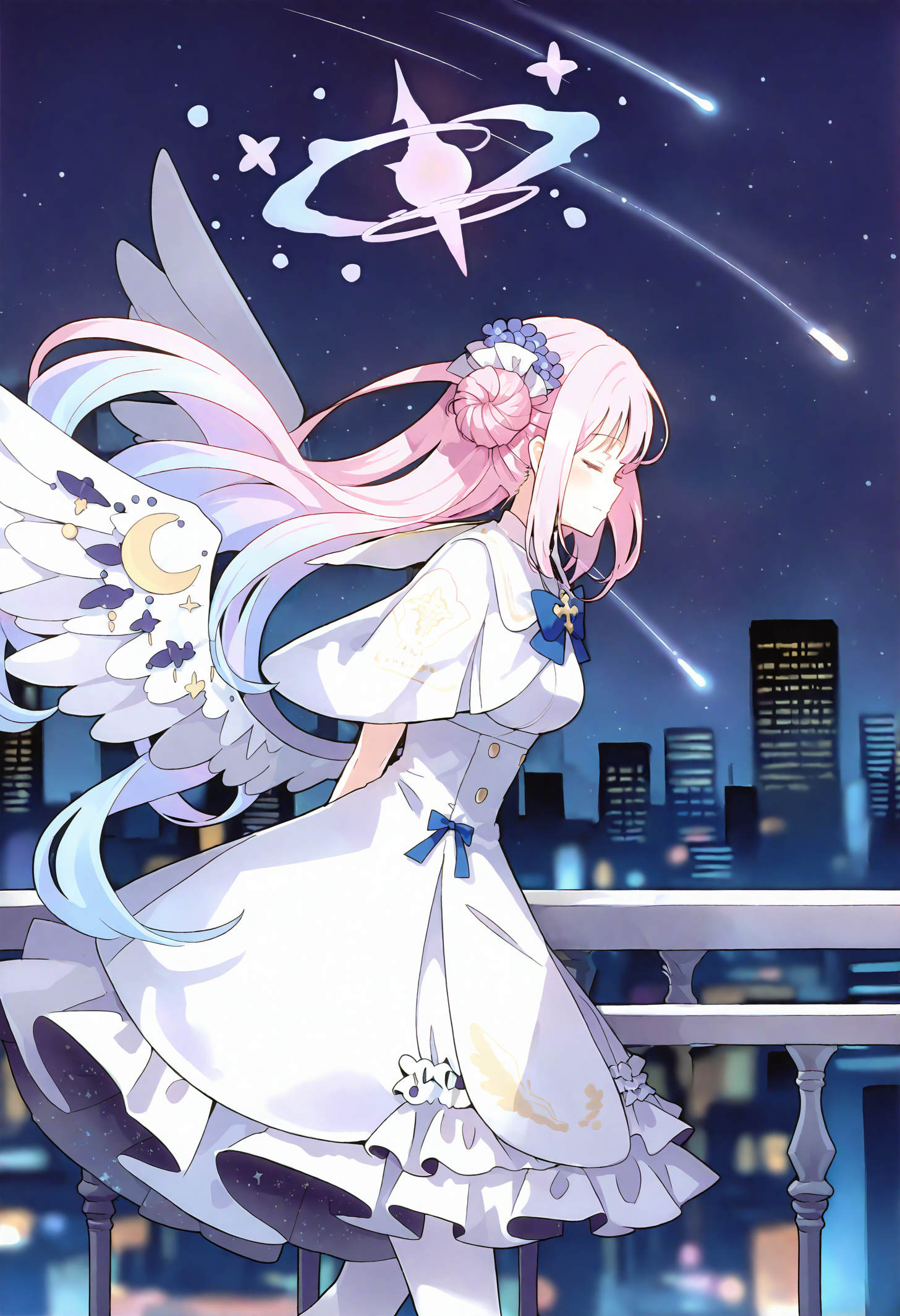 1girl, mika \(blue archive\), 
pink hair, wings, dress, white dress, solo, halo, white wings, hair bun, long hair, night, low wings, capelet, closed eyes, sky, night sky, star \(sky\), feathered wings, white capelet, single side bun, starry sky, flower, building, hair ornament, breasts, angel wings, outdoors, wing ornament, arms behind back, closed mouth, hair flower, white pantyhose, railing, pink halo, cityscape, blue bow, medium breasts, bow, profile, purple flower, skyscraper, pantyhose, frills, blue bowtie, city, very long hair, frilled dress, bowtie, from side, shooting star, starry sky print, very awa hito \(meme\),
masterpiece, best quality, newest, absurdres, highres, safe
 <lora:Dhiea1_noob1.1-000177:1>
