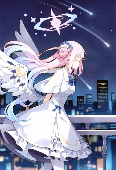 1girl, mika \(blue archive\), 
pink hair, wings, dress, white dress, solo, halo, white wings, hair bun, long hair, night, low wings, capelet, closed eyes, sky, night sky, star \(sky\), feathered wings, white capelet, single side bun, starry sky, flower, building, hair ornament, breasts, angel wings, outdoors, wing ornament, arms behind back, closed mouth, hair flower, white pantyhose, railing, pink halo, cityscape, blue bow, medium breasts, bow, profile, purple flower, skyscraper, pantyhose, frills, blue bowtie, city, very long hair, frilled dress, bowtie, from side, shooting star, starry sky print, very awa hito \(meme\),
masterpiece, best quality, newest, absurdres, highres, safe
 <lora:Dhiea1_noob1.1-000177:1>