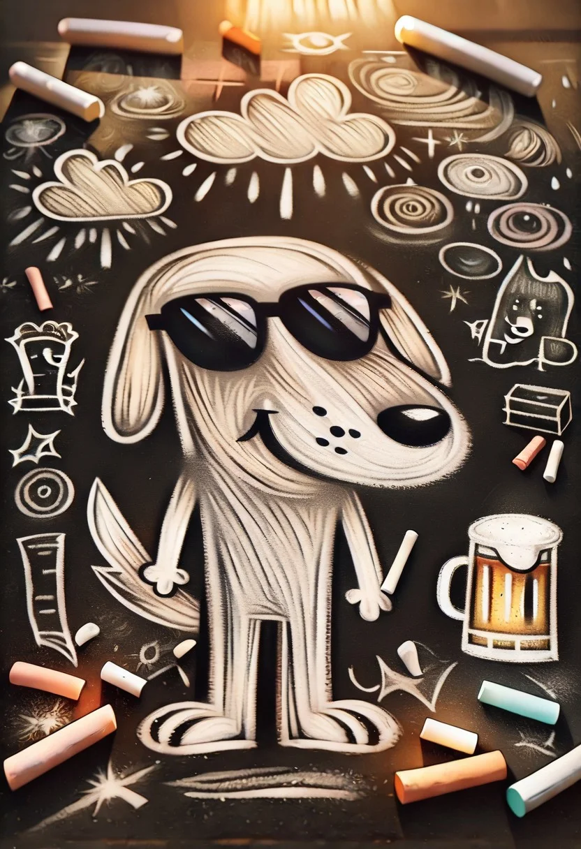 ch4lkdr4w, chalk drawing, highly-detailed, best quality, masterpiece, very aesthetic, 1boy, solo, furry, dog, sunglasses, beer, chalk, black background