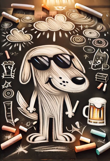 ch4lkdr4w, chalk drawing, highly-detailed, best quality, masterpiece, very aesthetic, 1boy, solo, furry, dog, sunglasses, beer, chalk, black background