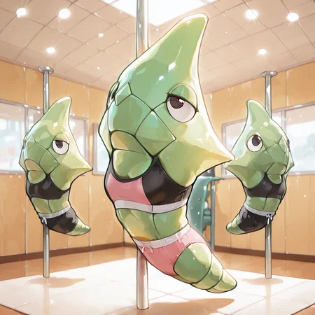 (masterpiece), (best quality), (ultra-detailed), three metapod, short body, puppet, two eyes visible, one eye visible, clothed pokemon, no hands, no, arms, no legs, no feet, black sports bra, pink underwear, looking up, anime, artwork, in a gym room, room of pole dance, indoor, illustration, perfect composition, intricate details