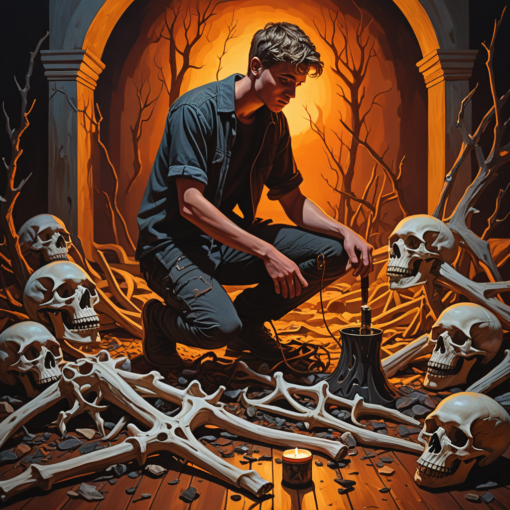 a vivid messy oil painting of a youngish guy kneeling before an amateur pagan altar made of animal bones and duct tape, vivid evening hues, aura of menace, (silhouette), (shadows), illustration, highly detailed, high quality,
