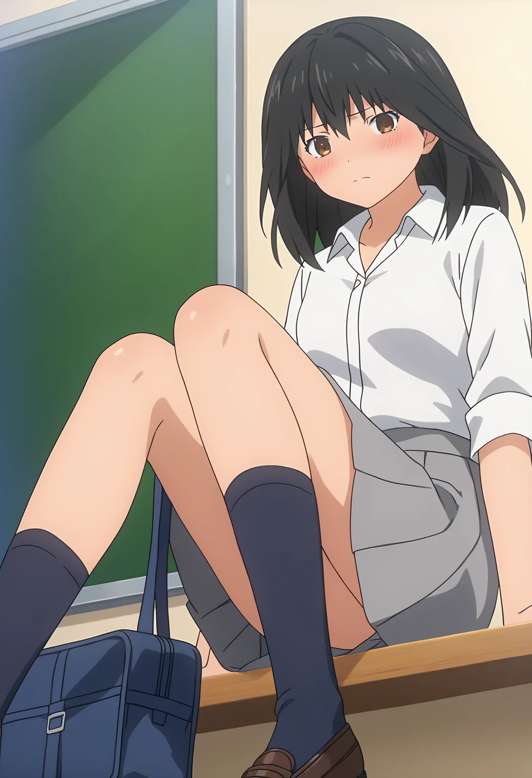 score_9, score_8_up, score_7_up, source_anime, 
BREAK
1girl, solo, anime screencap, anime coloring, 
<lora:shiMisakiV1:1.0> misdef, black hair, brown eyes, long hair, 
white shirt, collared shirt, dress shirt, 
school uniform,  grey skirt, 
black socks,
looking at viewer, closed mouth, blush,