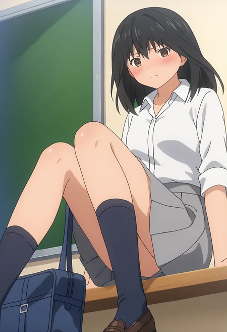 score_9, score_8_up, score_7_up, source_anime,
BREAK
1girl, solo, anime screencap, anime coloring,
<lora:shiMisakiV1:1.0> misdef, black hair, brown eyes, long hair,
white shirt, collared shirt, dress shirt,
school uniform, grey skirt,
black socks,
looking at viewer, closed mouth, blush,