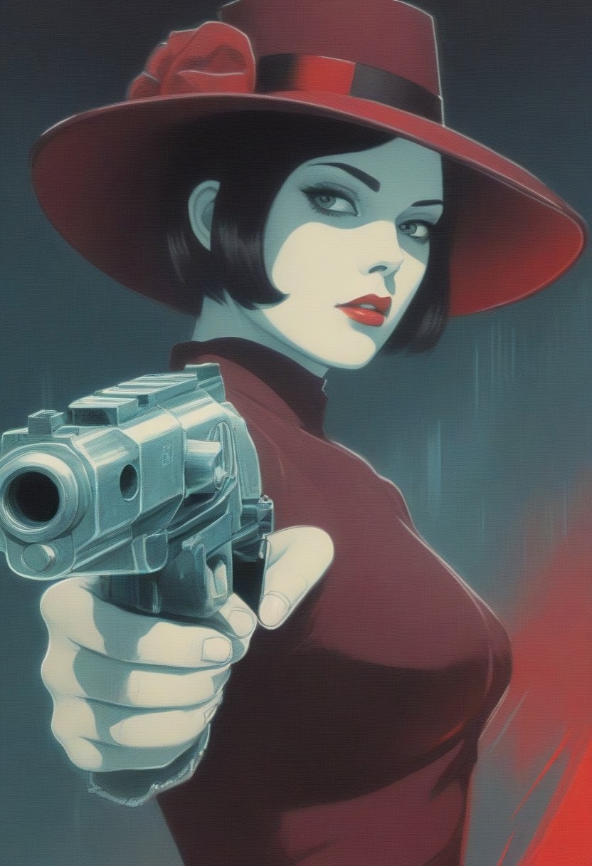 masterpiece,best quality,amazing quality,very aesthetic,absurdres,newest,32k,ultra detailed, 1girl, cuborg, android, chrome body, silver steel skin, burgundy-red evening dress, 50s clothes aesthetic, burgundy-red ladies hat, Fitzgerald novel influence, white rose in blood theme, gun in hand, look at far distance, dont look at viewer, pointing gun at viewer without looking at viewer, close up, dutch angle, from side, minimalistic abstraction on background, cybernetic elegance, sensual feminine, pop art style background merges with dark punk techno, noir, retro futurism, absurdes composition, sketch art style in pencil painting, limited palette, dark theme, high contrast, vibrant colors, John Berkey Style page, gunatyou