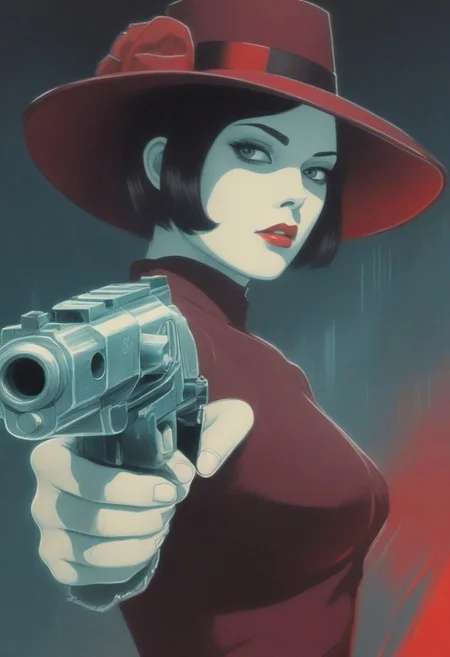 masterpiece,best quality,amazing quality,very aesthetic,absurdres,newest,32k,ultra detailed, 1girl, cuborg, android, chrome body, silver steel skin, burgundy-red evening dress, 50s clothes aesthetic, burgundy-red ladies hat, Fitzgerald novel influence, white rose in blood theme, gun in hand, look at far distance, dont look at viewer, pointing gun at viewer without looking at viewer, close up, dutch angle, from side, minimalistic abstraction on background, cybernetic elegance, sensual feminine, pop art style background merges with dark punk techno, noir, retro futurism, absurdes composition, sketch art style in pencil painting, limited palette, dark theme, high contrast, vibrant colors, John Berkey Style page, gunatyou