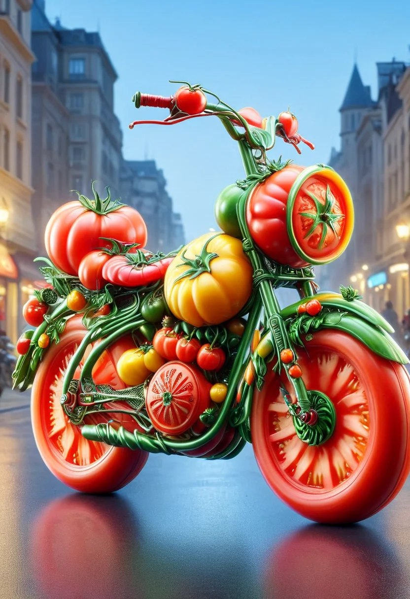 A motorbike, mobe-tomamph,  cute and adorable hyper realistic 200mm photo shot, outdoor, city, masterpiece, absurdres, vibrant, dynamic angle, dynamic pose,  <lora:T0m4t0M0rph-V1:1>,