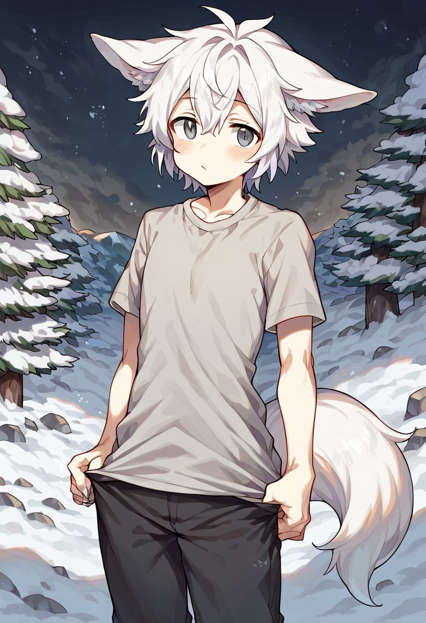 (No_furry:1.5), uncensored, Rating_safe, score_9, score_8_up, score_7_up, detailed, perfect eyes, detailed background, source_anime, source_furry, (short white hair:1.5), (hair styled to the back), happy, happy eyes
(kagarimachi_konatsu), (1foxadult), (male), (white skin:1.5), (masculin face), average height, (alone), grey eyes, (long snowfox), (white fox ears), (thighhigh_fur), (white paws:1.5), cute, cute shoulders, (flat_chest:1.5), muscular, masculin, (linen shirt:1.5), (cargopants:1.5), (mountain forest:1.5), (standing:1.2), (snow:1.6)