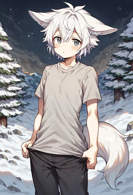 (No_furry:1.5), uncensored, Rating_safe, score_9, score_8_up, score_7_up, detailed, perfect eyes, detailed background, source_anime, source_furry, (short white hair:1.5), (hair styled to the back), happy, happy eyes
(kagarimachi_konatsu), (1foxadult), (male), (white skin:1.5), (masculin face), average height, (alone), grey eyes, (long snowfox), (white fox ears), (thighhigh_fur), (white paws:1.5), cute, cute shoulders, (flat_chest:1.5), muscular, masculin, (linen shirt:1.5), (cargopants:1.5), (mountain forest:1.5), (standing:1.2), (snow:1.6)