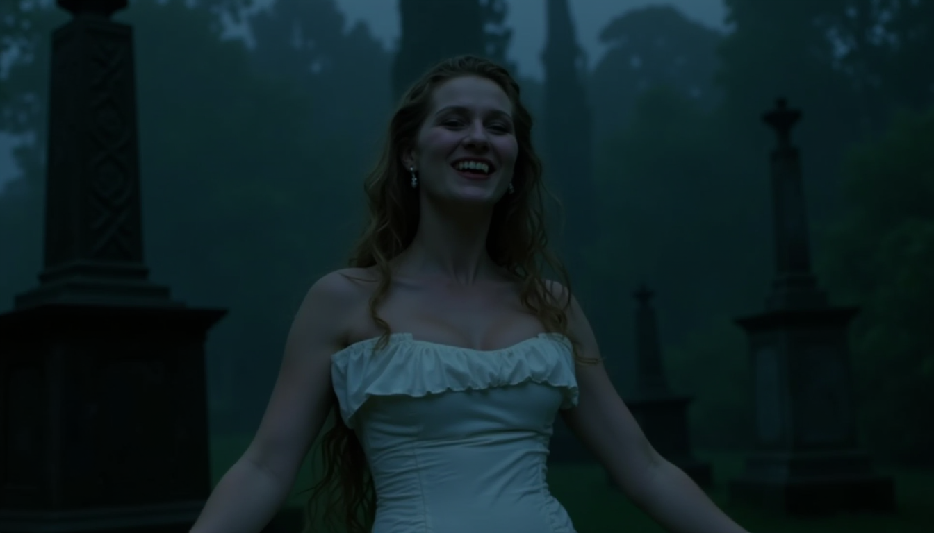 cinematic close-up shot of a young vampire woman in a conservative white silk dress standing on a graveyard in 1800s in a rainy night, laughing showing fangs, pale skin, long wet hair, arms spread, photorealistic <lora:iwtv_flux_1_0:1>