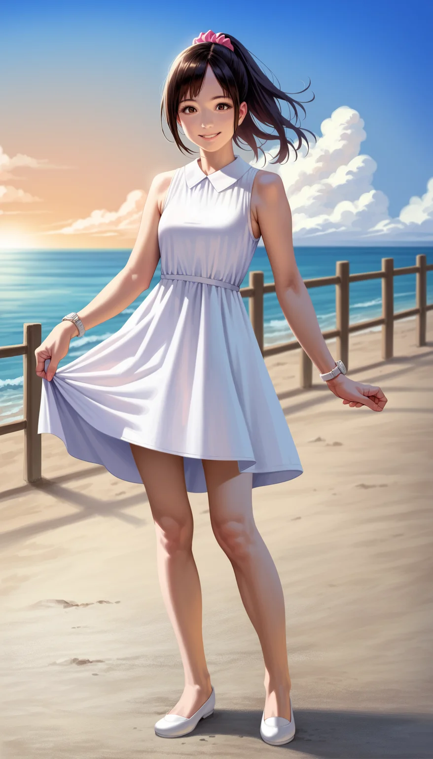 score_9,score_8_up,score_7_up,
<lora:miiyamotohikari:0.8>,miiyamotohikari,
photorealistic,(realistic:1.2),
1girl,solo,black hair,bangs,pink scrunchie,
brown eyes,looking at viewer,smile,
sleeveless white dress,white collar,white wristwatch,white flat shoes,
blurry background,vignetting,simple background,outdoors,clear sky,ocean,cloud,pavement,sea fence,summer,