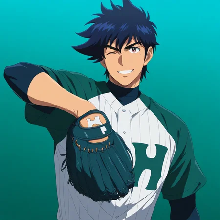 masterpiece,high score,great score,absurdres,goro shigeno,1boy,male focus,baseball mitt,one eye closed,solo,sportswear,baseball uniform,smile,upper body,looking at viewer,indiana hornets baseball jersey,(white-green baseball jersey:1.1),black shirt,<lora:Goro_Shigeno_V1-1:0.8>,official art,