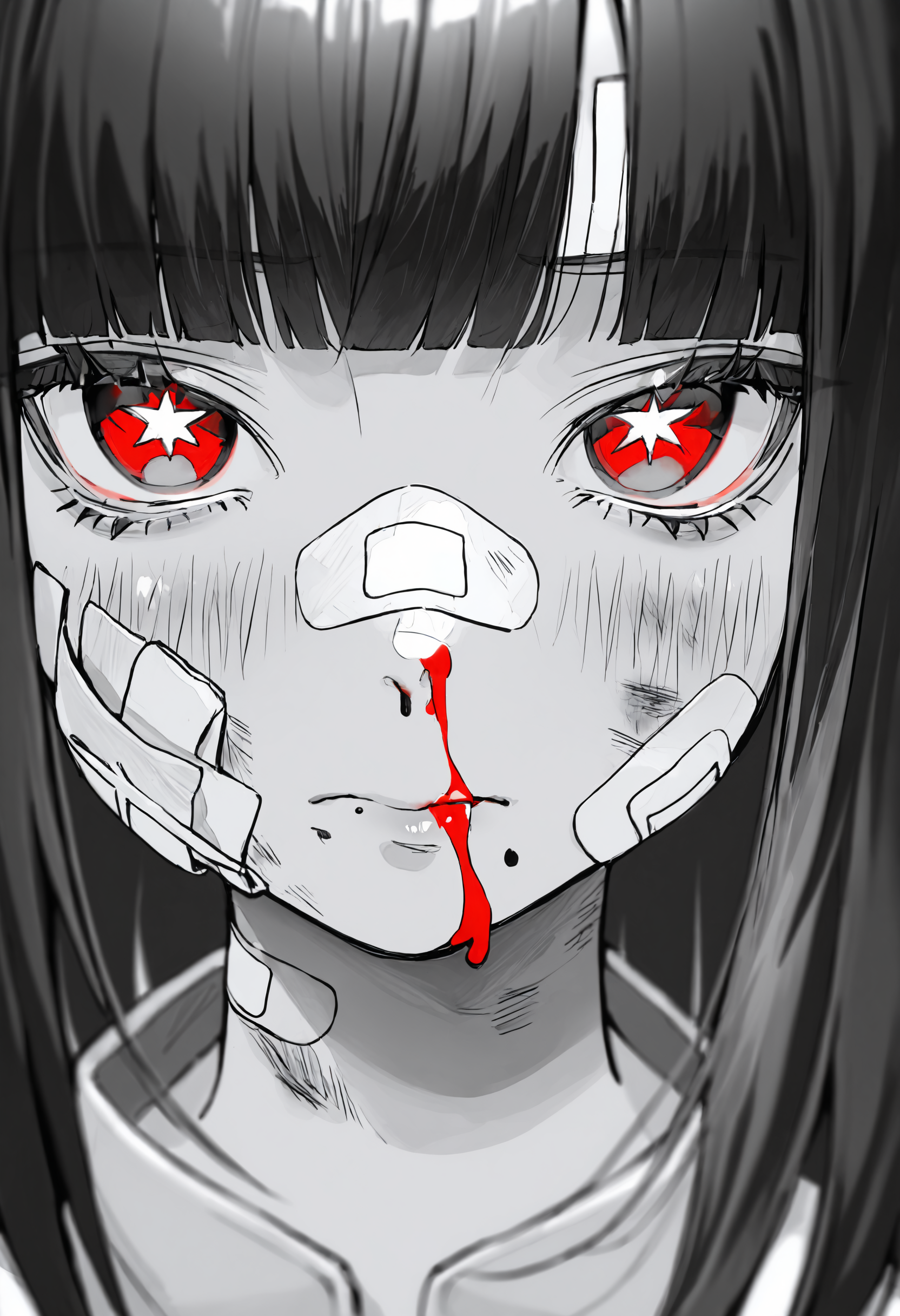 ambient occlusion, depth of field, traditional media, 1girl, bandaid on face, solo, spot color, bandaid, bandaid on nose, blood, red eyes, looking at viewer, portrait, nosebleed, blush, mole, closed mouth, monochrome, blood on face, mole under mouth, black hair, blunt bangs, close-up, injury, bandage on face, medium hair, bandaid on cheek, greyscale, bruise on face, eyelashes, bruiseeyes, symbol-shaped pupils, star-shaped pupils, ribbon