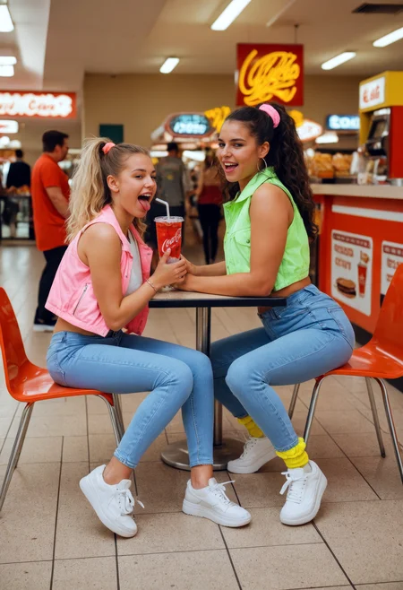 An ultra-realistic 8k editorial photograph of two stylish young women hanging out in a lively 1980s shopping mall food court, dressed in iconic â80s mall fashion:one wears a pastel windbreaker over a crop top with high-waisted acid-wash jeans and chunky white sneakers, the other sports a denim vest decorated with pins and buttons over a neon green tank top and bright leggings with scrunched socks, both with big teased hair, hoop earrings, and colorful scrunchies, laughing together and sipping from oversized soda cups at a plastic table with fast food trays, bright fluorescent lighting casting retro tones across tiled floors and vintage fast food signage, Kodak Portra-style film grain and vivid yet realistic color tones evoking nostalgic teen friendship and classic mall culture