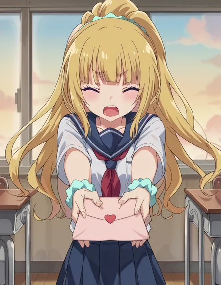 score_9, score_8_up, score_7_up, source_anime, <lora:kei-karuizawa-anime-s2-ponyxl-lora-nochekaiser:1>, kei karuizawa, long hair, bangs, blunt bangs, purple eyes, blonde hair, hair ornament, ponytail, scrunchie, blue scrunchie, medium breasts, anime screencap, <lora:love-letter-ponyxl-lora-nochekaiser:1>, love letter, heart, valentine, letter, confession, incoming gift, outstretched arms, closed eyes, shouting, classroom, serafuku, school uniform, white shirt, blue sailor collar, blue skirt, pleated skirt, short sleeves, neckerchief, red neckerchief,