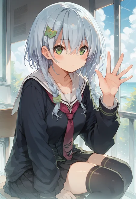 <lora:SDXL_Saki_Inui:0.85>, <lora:SDXL_HandFineTuning_XL:0.9>, <lora:SDXL_add-detail-xl:0.2>, score_9, score_8_up, score_7_up, highest quality, beautiful, 1girl, green eyes, white hair, school uniform, hair ornament, black thighhighs, looking at viewer, waving, blush