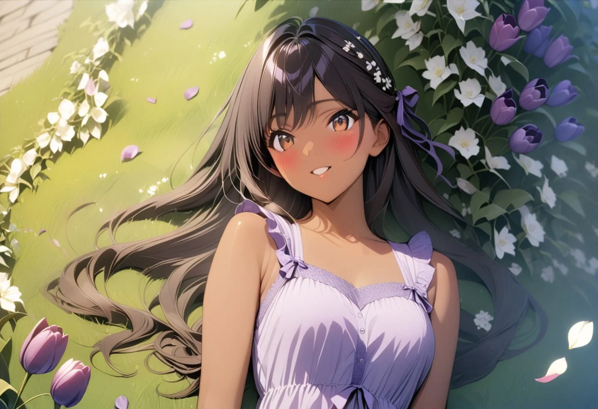 gorgeous lips, cinematic, (masterpiece), (best quality), (ultra-detailed), very aesthetic, illustration, perfect composition, intricate details, absurdres, detailed face, (anime, masterpiece, intricate:1.3), (best quality, hires textures, high detail:1.2), brown eyes,
1girl,( brown skin, tan skin, very long black hair, wavy hair:1.3),medium breasts, perfecteyes, 8k, highest quality, ultra details,1girl, solo(,purple frilly sleeveless sundress with bows and ribbons:1.2), purple hair ribbon, surrounded by purple tulips, laying on her side in a flower patch of purple tulips, forest filled withpurple tulips, spring season, cinematic lighting, hair blowing in the wind, dress blowing in wind, blush, smile, happy, falling flower petals ,purple tulip in hair, purple tulips cover the entire ground, flower petals blowing in the wind, (dynamic shot:1.4), photoshoot