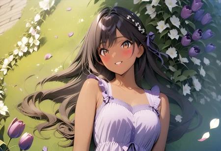 gorgeous lips, cinematic, (masterpiece), (best quality), (ultra-detailed), very aesthetic, illustration, perfect composition, intricate details, absurdres, detailed face, (anime, masterpiece, intricate:1.3), (best quality, hires textures, high detail:1.2), brown eyes,
1girl,( brown skin, tan skin, very long black hair, wavy hair:1.3),medium breasts, perfecteyes, 8k, highest quality, ultra details,1girl, solo(,purple frilly sleeveless sundress with bows and ribbons:1.2), purple hair ribbon, surrounded by purple tulips, laying on her side in a flower patch of purple tulips, forest filled withpurple tulips, spring season, cinematic lighting, hair blowing in the wind, dress blowing in wind, blush, smile, happy, falling flower petals ,purple tulip in hair, purple tulips cover the entire ground, flower petals blowing in the wind, (dynamic shot:1.4), photoshoot