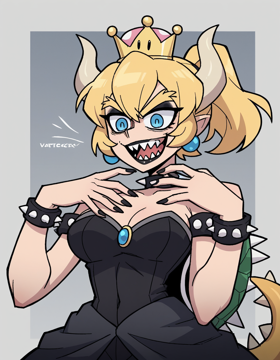 zPDXL, score_9, score_8_up, score_7_up, source_anime, 8k, absurdres, 
1girl, solo,  <lora:Vanitaker:1> vanitaker, Bowsette, blonde hair, ponytail, sharp teeth, spikey tail, spikey shell, gothic maiden wearing Gothic ballerina costume with a black tutu dress, lace stockings, ballet slippers, Black lipstick with silver shimmer, metallic silver eyeshadow, intricate black eyeliner design, pale skin, black nail polish with silver accents, upper body, portrait,