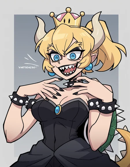 zPDXL, score_9, score_8_up, score_7_up, source_anime, 8k, absurdres,
1girl, solo, <lora:Vanitaker:1> vanitaker, Bowsette, blonde hair, ponytail, sharp teeth, spikey tail, spikey shell, gothic maiden wearing Gothic ballerina costume with a black tutu dress, lace stockings, ballet slippers, Black lipstick with silver shimmer, metallic silver eyeshadow, intricate black eyeliner design, pale skin, black nail polish with silver accents, upper body, portrait,
