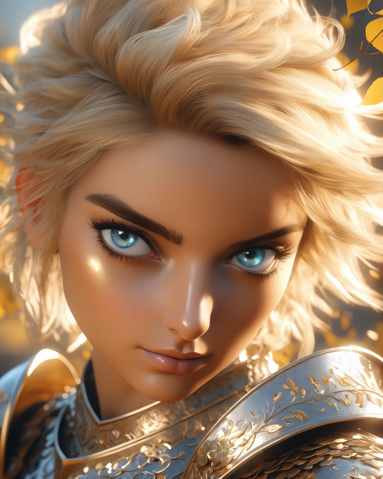 knight, short messy blond hair, blue eyes, scales, detailed armor, short hair, metallic, highly detailed paiting, ornaments, gold, nice body, hyper detailed face, unreal engine, 8k, Ultra high quality, detailed face, soft natural skin, detailed reflective eyes, sparks, airy, leaves, sunlight, sunny day, sunbeams, bright colors, fantasy, concept art, digital art, flawless eyes, flawless face, flawless, beautiful detailed eyes, hyperdetailed face, complex, golden ratio