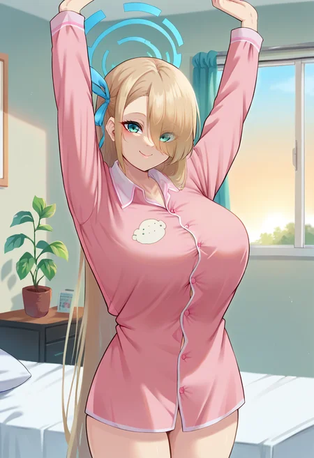 score_9, score_7_up, cowboy shot, looking at viewer, smile, closed mouth, asnba, halo, large breasts, very long hair, hair over one eye, hair ribbon, pajamas, stretching, indoors, sunrise, apartment, bedroom, <lora:Hoseki_BA_Asn_PDXL_v1:1>, <lora:nanohana_(november.)-Style-PonyXL-Dora-000037:1>